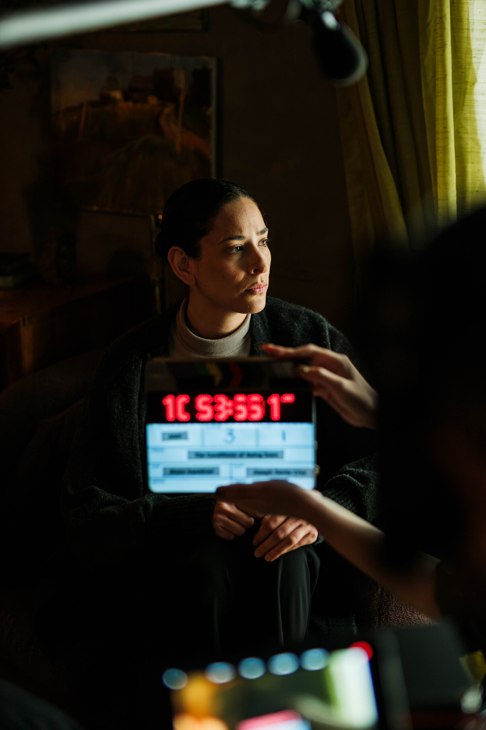 Rebecca Milligan holds her eyeline as the slate goes in.